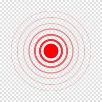 icono de punto de dolor. símbolo de dolor rojo. signo de localización de dolor concéntrico aislado sobre fondo transparente. onda de radar o sonar vector