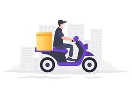 Online delivery. Food delivery. Delivery home and office. Moped courier. Vector illustration