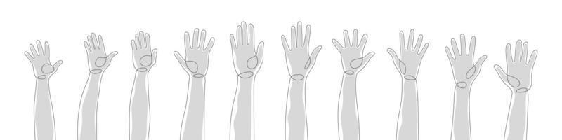 Different silhouettes hands. One line human hands. Arms and hands raised. Vector illustration