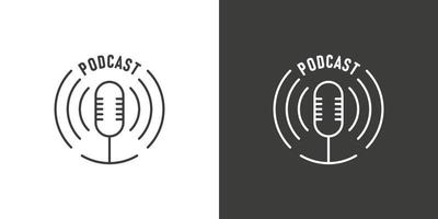 Emblems for broadcast. Podcast logos and symbols, icons with studio microphone. Vector illustration