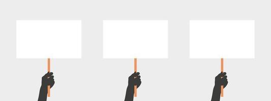 Hands hold a board for advertising. People with placards. Placard protest. Human hands hold a blank. Vector illustration