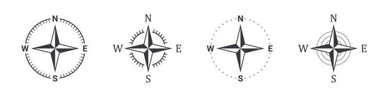 Compass icons. Navigation equipment sign. Compass direction sign. Wind rose icon. Vector illustration