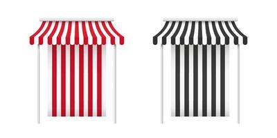 Red and black awnings. Striped awning. Tent sun shade for market on white background. Vector illustration