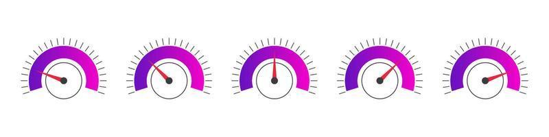 Indicator icons. Scale low, medium or high gauge or meter indicator. Performance measurement. Vector illustration