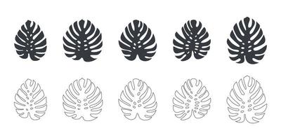 hojas tropicales hojas de monstera. conjunto de iconos de hojas de estilo lineal y plano. ilustración vectorial vector