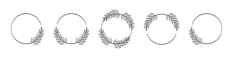 Set of black circular foliate laurels branches. Vector illustration of hand drawn wreaths