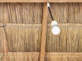 The LED bulb is hanging from the ceiling of the thatch. photo