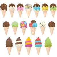 Set of detail several ice cream cone collection different topping and style, front view, vector illustration, design for icream cafe decoration, delivery box and web developer.
