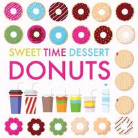 Sweet time dessert donuts vector illustration in flat style. Set of colorful donuts and beverage. Top view doughnuts collection into glaze for menu design, cafe decoration, delivery box.