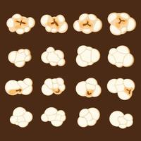 Set pieces of cute popcorn items. Different shapes vector of popcorn on brown background. Pieces icons set isolated vector illustration. Design for web developer, popcorn cafe, food, cinema concept.