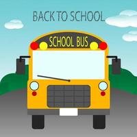 Back to school vector design. Yellow school bus and back to school text on background of sky clouds mountains and road. Design element of transportation education. Vector illustration.
