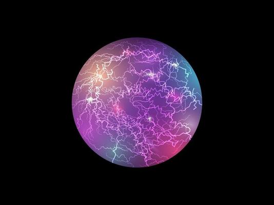Technology magic sphere. Electric ball. Lightning circle strike impact place. Plasma sphere in purple color on dark background. Powerful electrical discharge. Magical energy flash. Vector illustration