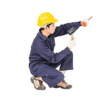 Man hold hammer and cold chisel on white photo