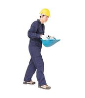Young worker hold Hod or clam-shell shaped basket photo