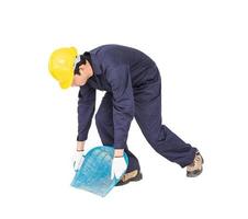 Young worker hold Hod or clam-shell shaped basket photo