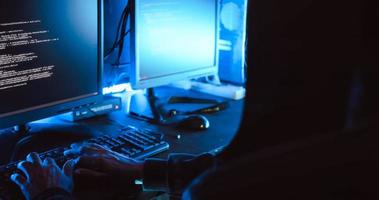 A male hacker is using a computer to hack data to demand ransom from victims. photo