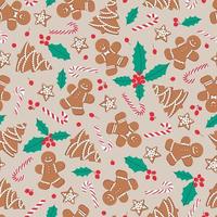 Gingerbread men, trees, stars with candy canes and holly leaves and berries on beige background. Seamless vector pattern for new year's day. Christmas holidays, cooking, new year's eve background.