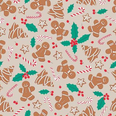 Gingerbread men, trees, stars with candy canes and holly leaves and berries on beige background. Seamless vector pattern for new year's day. Christmas holidays, cooking, new year's eve background.