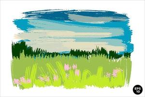 Wax crayon naive hand drawn grass meadow with blue sky with clouds. Vector pastel chalk background banner. Horizontal landscapecolorful backdrop.