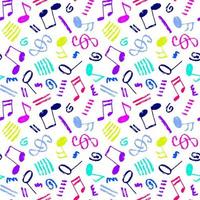 Vector seamless various bright color hand-drawn pattern with swirls, stripes, musical notes and treble clef. Grunge music theme minimalistic backdrop.