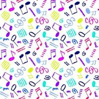 Vector seamless various bright color hand-drawn pattern with swirls, stripes, musical notes and treble clef. Grunge music theme minimalistic backdrop.