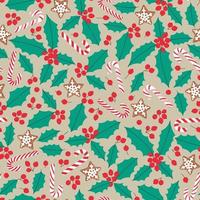 Gingerbread stars with candy canes and holly leaves and berries on beige background. Seamless vector pattern for new year's day. Christmas holidays, cooking, new year's eve background.