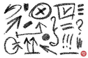 Vector hand drawn design elements. Pencil drawn notes and marks. Set of artistic elements such as arrows, curly brace, check box, underlines, question mark and exclamation point. Monochrome collection