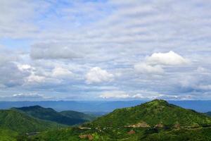 Beautiful landscape view of mountain, small village and road or street for travel with blue sky and cloud in north of Thailand. Beauty in nature and live with natural. photo