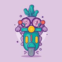 lindo nabo personaje vegetal mascota montar scooter dibujos animados aislados en diseño de estilo plano vector