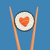 Chopsticks holding sushi roll, heart shape salmon roll, concept of snack, susi, sushi restaurant, sea food vector