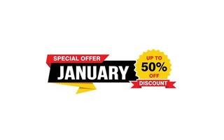 50 Percent JANUARY discount offer, clearance, promotion banner layout with sticker style. vector