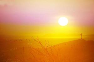 Beautiful sunset on top of Wong Phra Jun mountain and silhouette photo