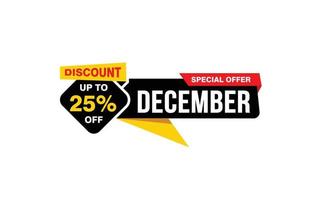 Oferta de descuento del 25 por ciento de diciembre, liquidación, diseño de banner de promoción con estilo de etiqueta. vector