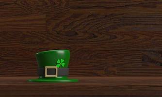 verde color sombrero planta hoja color símbolo decoración ornamento st san patricio día duende trébol irlanda cultura irlandesa marzo mes madera marrón fondo copia espacio celebración festival.3d render foto