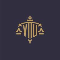 Monogram VU logo for legal firm with geometric scale and sword style vector