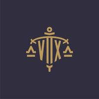 Monogram VX logo for legal firm with geometric scale and sword style vector