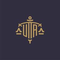 Monogram UR logo for legal firm with geometric scale and sword style vector