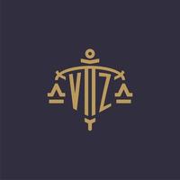 logotipo monograma vz para firma legal con escala geométrica y estilo espada vector