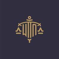 Monogram WN logo for legal firm with geometric scale and sword style vector