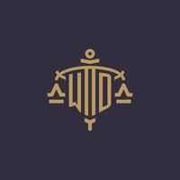 Monogram WD logo for legal firm with geometric scale and sword style vector