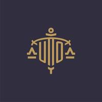 Monogram UO logo for legal firm with geometric scale and sword style vector