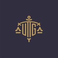 Monogram UG logo for legal firm with geometric scale and sword style vector
