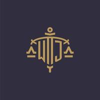 Monogram WJ logo for legal firm with geometric scale and sword style vector