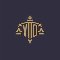 Monogram VO logo for legal firm with geometric scale and sword style vector