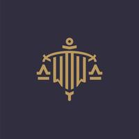 Monogram WW logo for legal firm with geometric scale and sword style vector