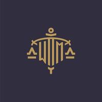 Monogram WM logo for legal firm with geometric scale and sword style vector