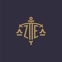 Monogram ZE logo for legal firm with geometric scale and sword style vector