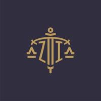 Monogram ZI logo for legal firm with geometric scale and sword style vector