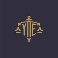 Monogram YE logo for legal firm with geometric scale and sword style vector