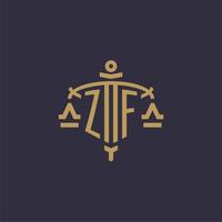 Monogram ZF logo for legal firm with geometric scale and sword style vector